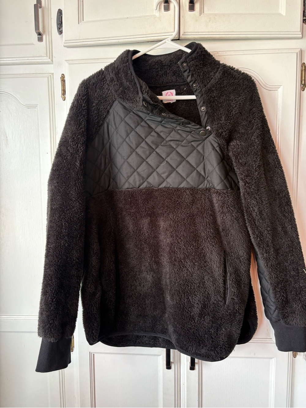 Quilted Panel Teddy Jacket - side neck snap - Black